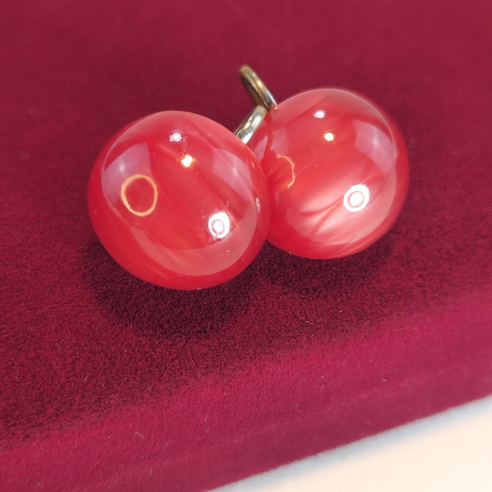 Vintage Red Marbled Dome Screw Back Earrings Atomic Circle Dot MCM